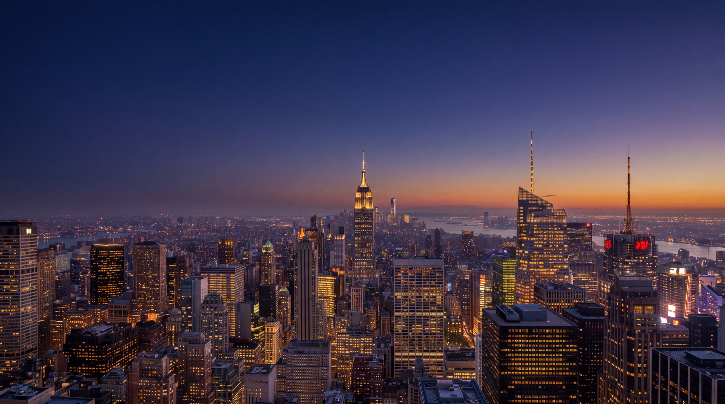 The New York City skyline at dusk over Manhattan