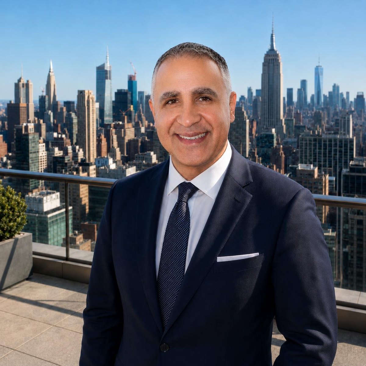 Manny, founder of Manny Multiservice LLC, with the New York City skyline behind him